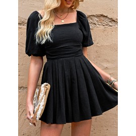 AlvaQ Shorts Romper for Women Dressy Plus Size Summer Short Sleeve Rompers with Pockets Cute Square Neck Wide Leg Short Jumpsuits Mini Dress,Black,2X-Large