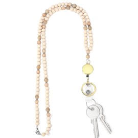 Generic Wooden Beaded Retractable Lanyard - Badge Holder & Keychain - Classic Beige Style