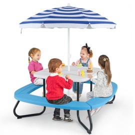 KOTEK 8-Person Kids Picnic Table, Toddler Activity Table with Removable Umbrella, 4 Built-in Benches, HDPE Top & Metal Frame, Kids Outdoor Table for Patio Garden Backyard (White+Blue)