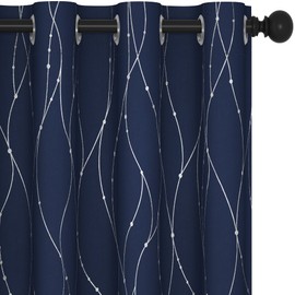 Deconovo Blackout Navy Curtains for Living Room and Bedroom, 63 Inch Length - 2 Curtain Panels with Wave Line and Dots Design (52 x 63 Inch, Navy Blue, 2 Panels)
