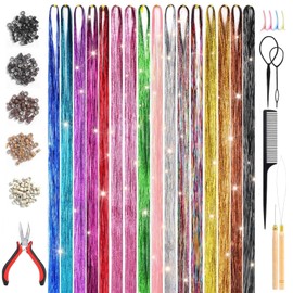 3200 Strands Hair Tinsel Kit, Fairy Hair Tinsel Tool for Shiny Hair Extension, Heat Resistant Fairy Tinsel Hair Kit for Women Girls Cosplay Party Festival Hair Accessories(48 Inch, 16 Colors)