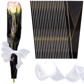 GORGECRAFT 100Pcs Black Single Flower Sleeve Plastic Floral Rose Packaging Carnations Bouquet Sleeves Bag Wrapping Paper with 10 Yards Polyester Mesh Ribbon for Valentine's Day Wedding Birthday Party