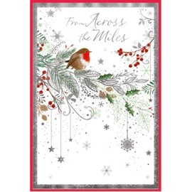 Across The Miles Christmas Card - Robin Holly Branches & Silver Foil 7.5x5.25"