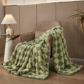 PU MEI Luxury Faux Fur Rabbit Fur Throw Blanket Sage Green 90"x80",Plush Reversible Sherpa Blankets,Queen Fuzzy Blanket Thick Throws for Bed,Washable Bedding Accent Blankets for Sofa Couch Chair