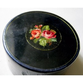 Kalocsa HUNGARIAN Kalocsa Blue Velvet 3 1/2" TRINKET BOX w/Floral PETIT POINT Lid NOS