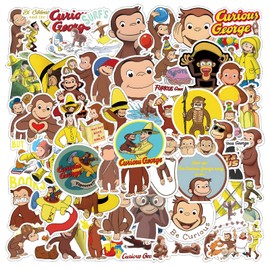 55 Pcs Curious George Monkey Storybook Cartoon Vinyl Waterproof Stickers for Water Bottle Laptop Motorcycle Skateboard Phone for Adults for Birthday Party Choice Decorative Supplies Favors