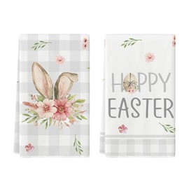 Artoid Mode Buffalo Check Flowers Rabbit Ear Easter Eggs Easter Kitchen Towels Tea Towels 42 x 65 cm Happy Easter Spring Decoration Towels Set of 2