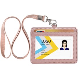 Teskyer ID Card Holder with Strap, Horizontal PU Leather ID Card Holder with Transparent Window and Holds 2 Cards, Nylon Lanyard, Rose Gold