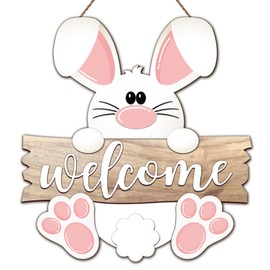 10" Happy Easter Wooden Hanging Sign - Welcome - Easter Cute Bunny Pattern, Country/Retro Style, Indoor and Outdoor Spring Decorations, Farmhouses, Homes, Decoration & Gift (White Bunny) - A04
