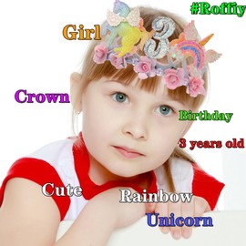 Sparkling Unicorn 3rd Birthday Headband with Glitter Unicorn Rainbow & Pink Roses – 3-Year-Olds Magical Girls Party Hairband, Cute Toddler Unicorn Crown Accessory, Fantasy Photo Prop
