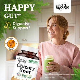 Wild & Organic Chicory Root Fiber Capsules - 1200 mg of Chicory Root Powder per Serving - Digestive & Gut Support - Inulin Prebiotic Fiber Supplement - Non-GMO, Vegan Inulin Capsules - 120 Count