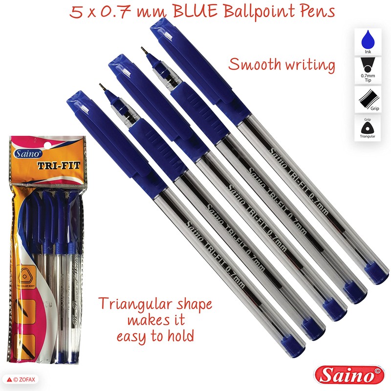 SAINO 5 x 0.7mm Tip Tri-Fit Triangular BLUE Ballpoint Pens