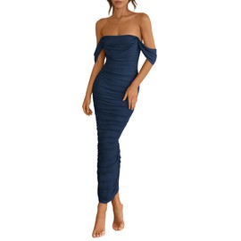 PRETTYGARDEN Womens 2025 Summer Off The Shoulder Dress Ruched Bodycon Sleeveless Split Cocktail Party Maxi Dresses (Navy,Large)