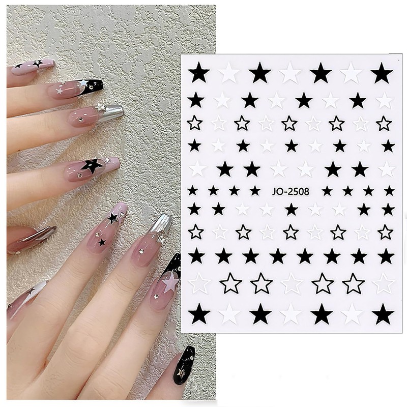CHANGAR 6 Sheets Starlight Nail Stickers Black White Star Bow