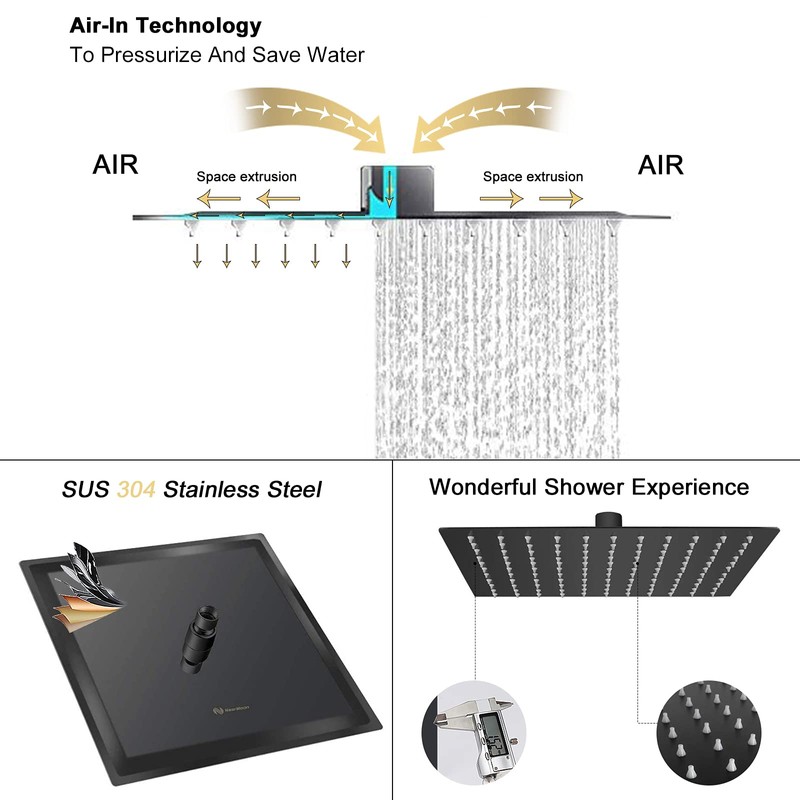 NearMoon Rain Shower Head, High Flow Stainless Steel Square Rainfall