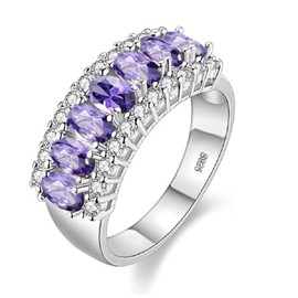 Platinum Plated Oval-Shaped CZ 7 Stones Wedding Band, Purple Crystal Rings for Women J501 (Platinum, Purple, Size 7)