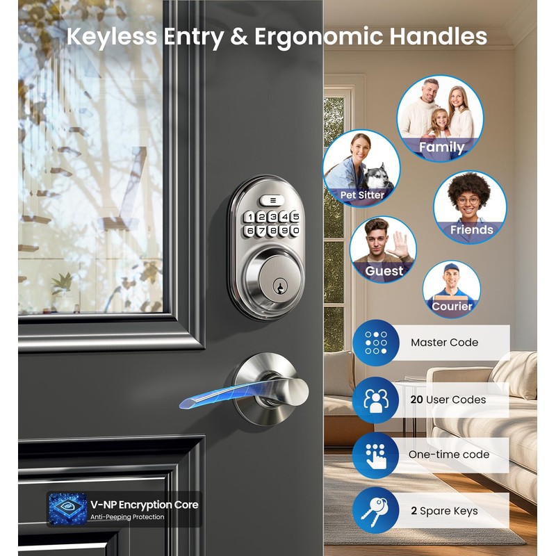 Veise Keyless Entry Door Lock with 2 Lever Handles -