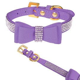 LOVPE Dog Collar/Cat Collar Crystal Velvet Leather with Bow-knot Tie Rhinestone Collars for Puppy/kitten Small Dogs&Cats (XS(Neck for:8-10 Inch), Purple)