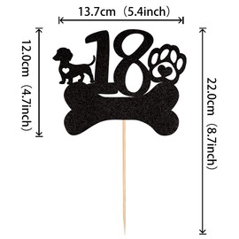 1 decoración para tartas de cumpleaños de 18 años, diseño de pata de perro con purpurina negra de dieciocho años, para cachorros, cumpleaños, cachorros, hueso, para despedidas de bebé, niños, niñas, decoración de tartas de cumpleaños número 18