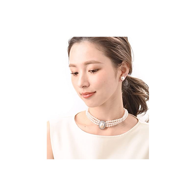 KOBE VINGTAINE C14-68 3 Rows Gorgeous Pearl Oval Rhinestone Necklace