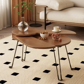 Muwuele Solid Wood Small Coffee Table, Beetle Design, Full Assembly, Folding Coffee Table for Small Spaces, Portable Floor Table Furniture for for Garden, Balcony, Indoor or Outdoor Use (Walnut)