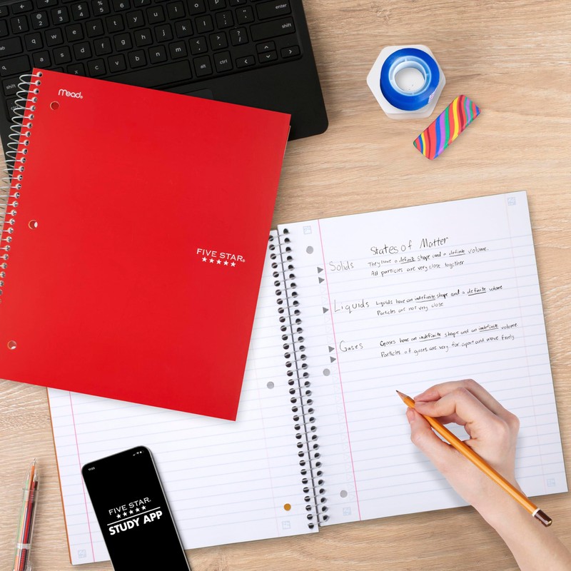 Five Star Spiral Notebook + Study App, 5 Subject, Wide