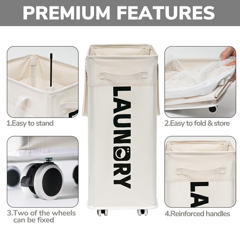 Goodpick Laundry Hamper with Wheels, 75L College Dorm Room Essentials,