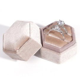 U·helper Velvet 2 Slots Jewelry Ring Box, Hexagon Premium Gorgeous Vintage Double Ring Gift Box with Detachable Lid for Wedding Ceremony Proposal Engagement(Champagne)
