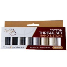 Madam Sew Cotton Thread Set – 8 Small Spools – 100% Cotton Thread for Sewing Machine & Hand Stitching | Strong, Low-Lint All Purpose Threads for Fabric, Quilting, and Stitching – Sand & Stone