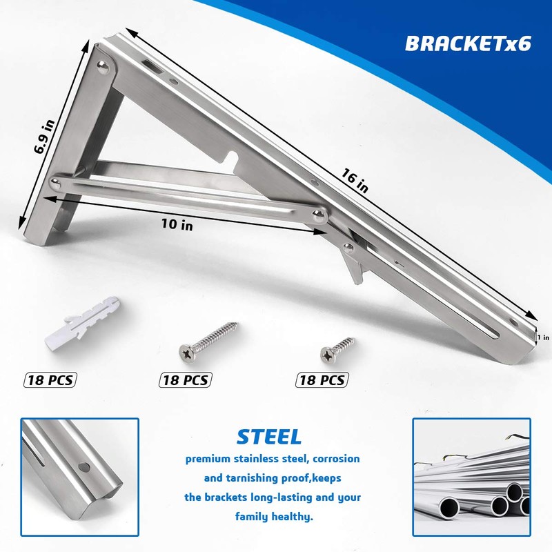 Folding Shelf Brackets 16 Inch, Heavy Duty Stainless Steel Collapsible