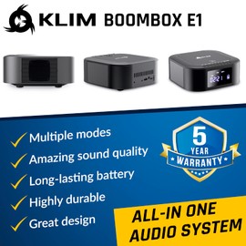 KLIM Boombox E1 with CD case - CD Player Portable Audio System + Extra BASS with Subwoofer + FM Radio, MP3 Bluetooth AUX USB + Wired and Wireless Mode Rechargeable Battery + Remote Control