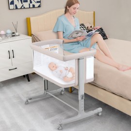 INFANS 3 in 1 Baby Bassinet, Bedside Sleeper for Newborn, Folding Crib with Mattress, Travel Bag, Wheels, 4-Sided Mesh, Easy to Assemble Cradle Co Sleeper Stationary, Rock (Beige)