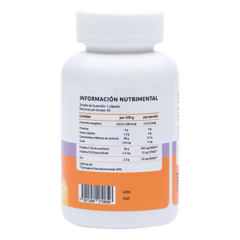 Zinc 200 + Vitaminas C Y D3 60 Cáps. Suplemento