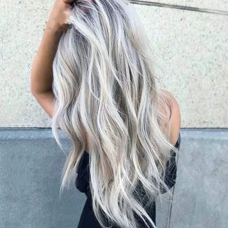 Darklove Peluca Larga De Mujer Color Gris Degradado Pelo Ola