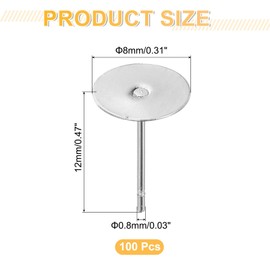 sourcing map 100Pcs Stud Earring Posts, 8mm Stainless Steel Flat Pad Ear Pin with Butterfly Earring Backs for Jewelry DIY Making Findings, Silver