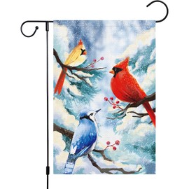 Welcome Winter Cardinals Garden Flag 12x18 Double Sided, Burlap Small Vertical Snow Bird Garden Yard House Flags for Winter Christmas Seasonal Outside Outdoor House Decor (ONLY FLAG)