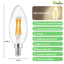 Depuley LED Light Bulbs E12: Candelabra Candle Light Bulb 4W Equivalent 40W Incandescent - LED Chandelier Light Bulbs 2700K Soft White - C35 Clear Filament Bulb E12 Base 500 LM 90+ CRI 24 Pack