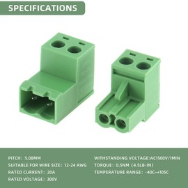 AEDIKO 10 Sets 5.08mm Pitch Screw Terminal Block Connector Kit 2Pin Pluggable Quick Male and Female Connector 300V 20A for 12-24AWG Cable
