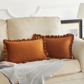 Velvet Cushion Covers Pack of 2 30x50 CM Square Burnt Orange Pillow Covers with Ruffle Edges Sofa Cushions Living Room Premium Soft Throw Covers Bedroom Decorative Pillowcase