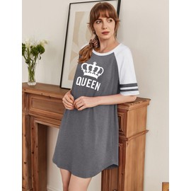 Ekouaer Cotton Nightgowns for Women Short Sleeve Night Gown Crew Neck Sleep Shirts Oversized Color Block Night Shirts Queen Grey Large