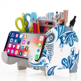 MOKANI Desk Supplies Organizer, Elephant Pencil Holder Multifunctional Office Accessories Desk Decoration with Cell Phone Stand for Smartphone,Christmas Gifts For Kids, Girls, Boys, Women