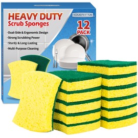 HOMERHYME Heavy Duty Sponges, 12 Pack Cellulose Scrub Sponge, Dual-Sided Kitchen Sponge, Multipurpose Sturdy Ergonomic Design for Kitchen Dishwashing, Uncoated Cookware, Sink, and Countertops