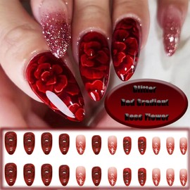 24Pcs Red Gradient Short Almond Press on Nails with Rose Flower Design, Glossy Gold Glitter False Nails Gel Glue on Nails, Shine Ombre Manicure Art Acrylic Fake Nails Stick on Nails for Women Girls