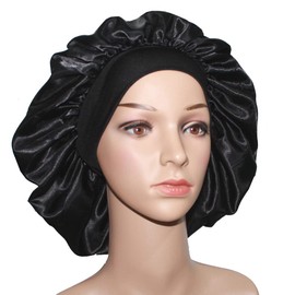 VEYRNEIC Hair Satin Bonnet for Sleeping Shower Caps Silk Chemo Caps with Wide Elastic Band Night Sleep Cap Bonnets for Black Women Braids with Satin Storage Bag (Black)