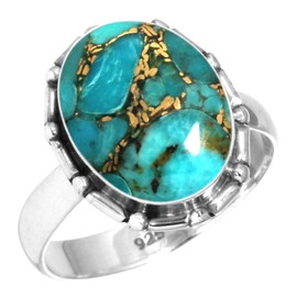 Jeweloporium 925 Silver Ring for Women Copper Blue Turquoise Gemstone Fashion Silver Ring Size S Mothers' Day Gift Boho Jewelry
