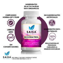 Resveratrol extracto potenciado con Semilla De Uva Y Vitamina C 120 Cáps | Suplemento Alimenticio | Saisa Herbal Sin Sabor | Antioxidante, Mejora La Circulación, Antienvejecimiento, Salud Cognitiva