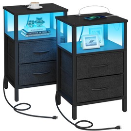 TUTOTAK LED End Table with Charging Station, Nightstand with Cloth Drawer, Side Table with Outletst, Set of 2, Couch Table, Black TB01BK068