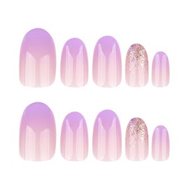 MISUD Press on Nails Short Oval Fake Nails Glossy Glue on Nails Purple Ombre Acrylic Nail Supplies Round Artificial Nail Art Bling Glitter Stick on False Nails with Design DIY 24 pcs