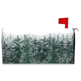 Winter Forest Tree Scenery Snow Magnetic Mailbox Cover Christmas White Green Xmas Mailbox Covers Standard Size Garden Yard Post Wraps Mail Box Cover Outdoor Decorations 25" L x 21" W