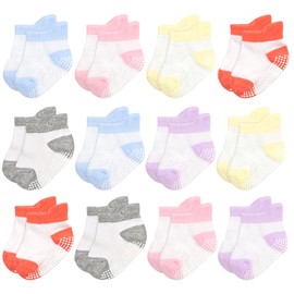 GRPSKCOS Baby Grip Socks 12 Pairs Toddler Non Silp Socks Toddler Ankle Socks with Grip Infant Boys Girls Grip Socks（#2 Lovely Colours 0-6 Months）